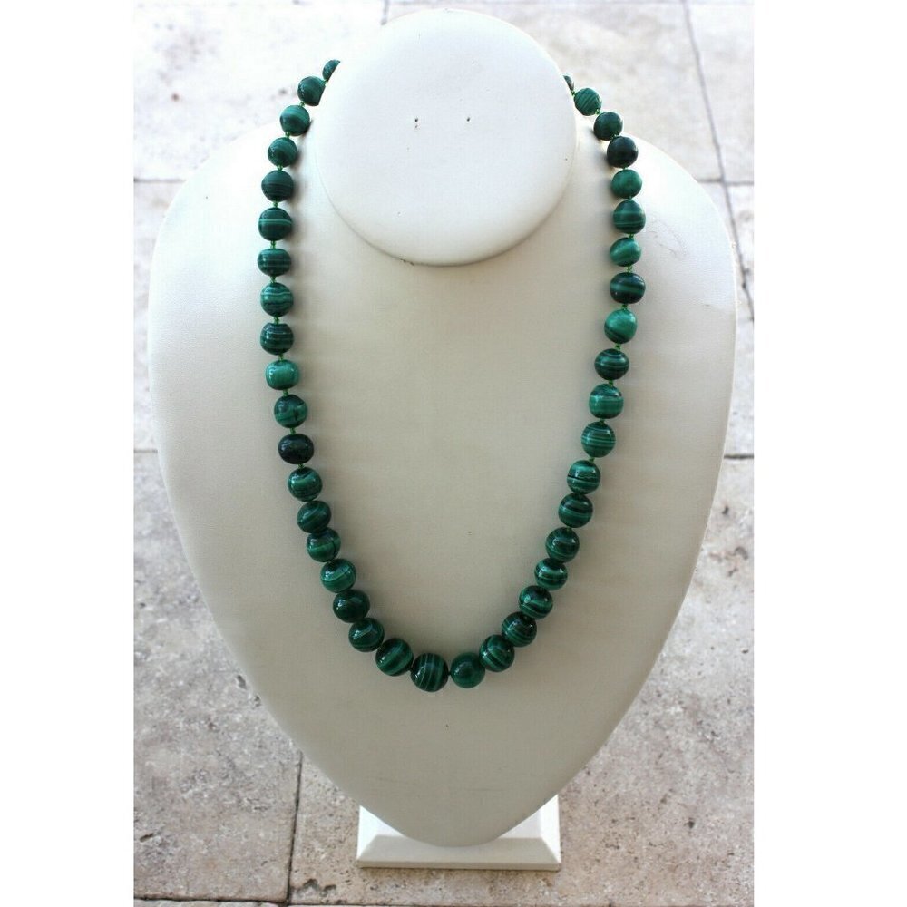 Vintage 24" Natural Green Malachite Stone Graduated 8-15mm Knotted Bead Necklace